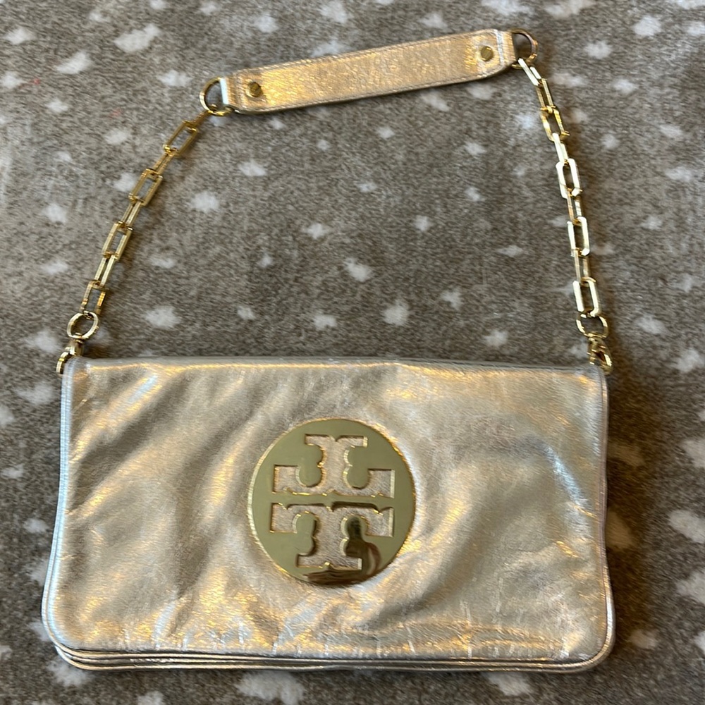 Tory Burch Gold Metallic Clutch with removable shoulder strap